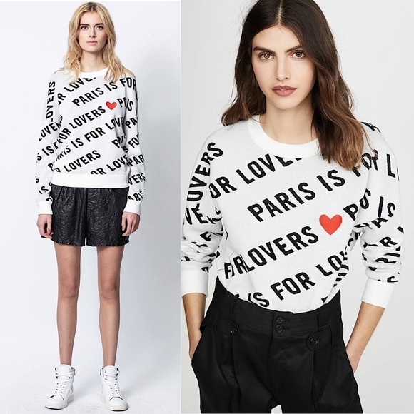 ZADIG VOLTAIRE Paris Is For Lovers Heart Graphic Cotton Knit Crewneck Sweater M - Picture 1 of 16